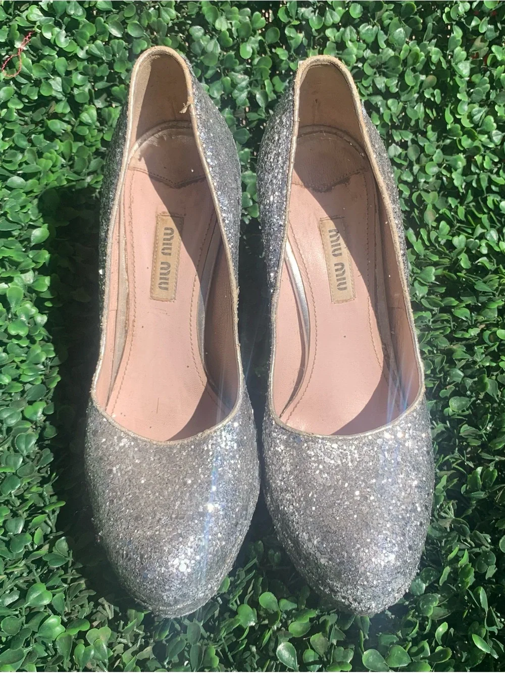 Refurbished Miu Miu silver glitter platform high chunky heels Sz 37 w/ 5” heel
